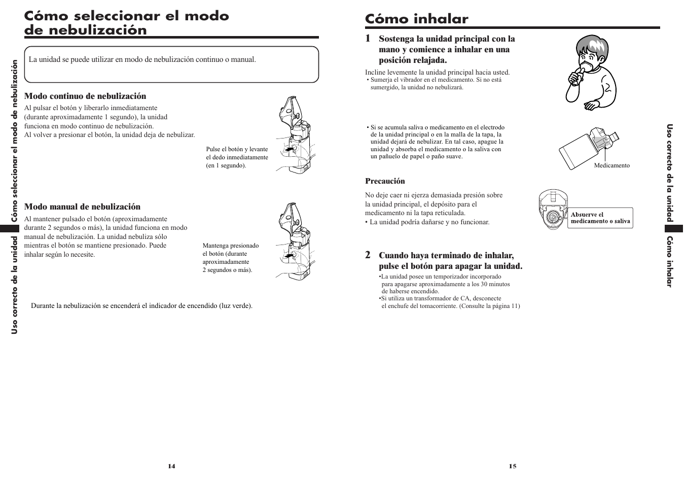 Cómo inhalar, Cómo seleccionar el modo de nebulización | Omron VIBRATING MESH NEBULIZER NE-U22V User Manual | Page 32 / 37