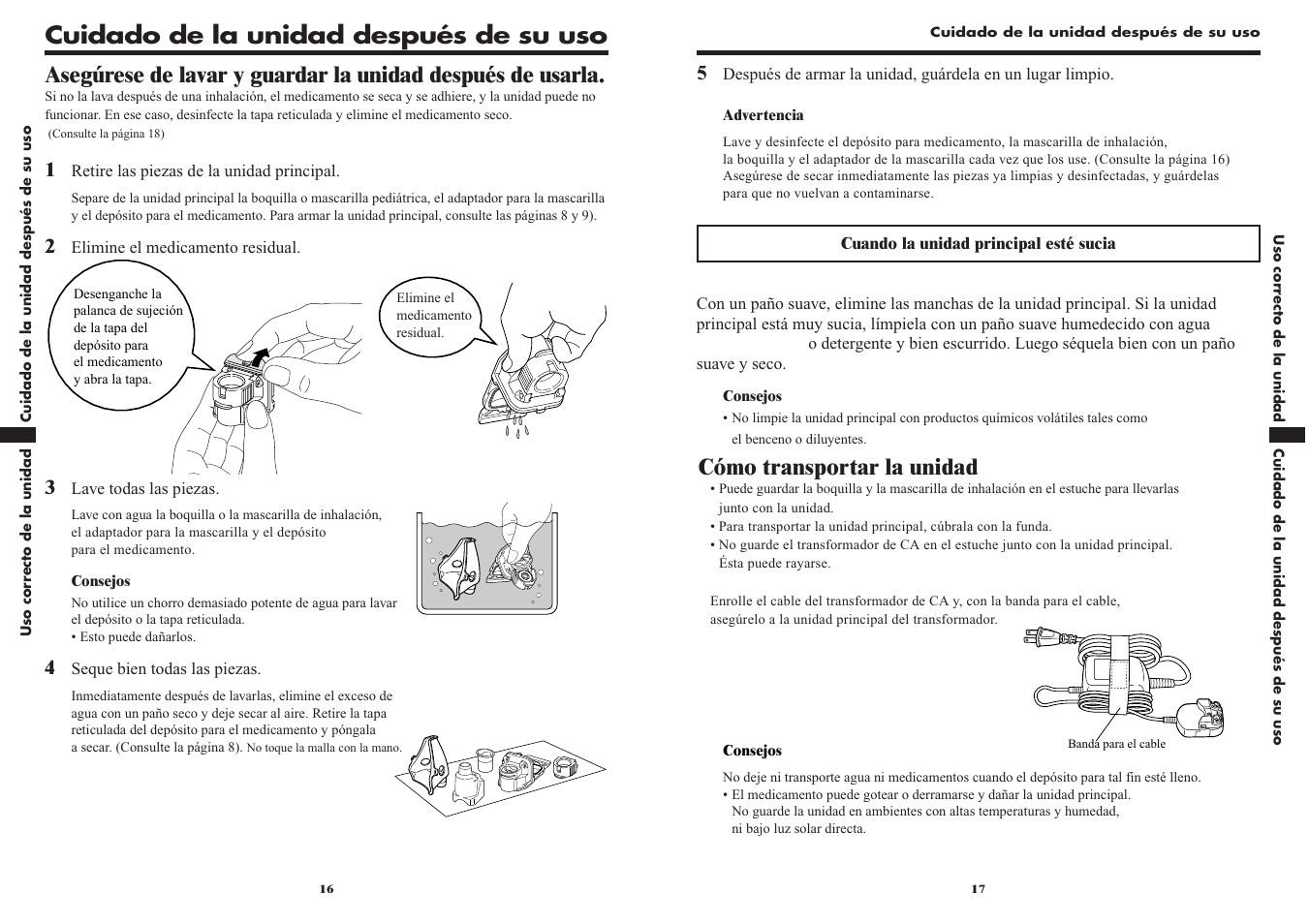 Cuidado de la unidad después de su uso, Cómo transportar la unidad | Omron VIBRATING MESH NEBULIZER NE-U22V User Manual | Page 33 / 37