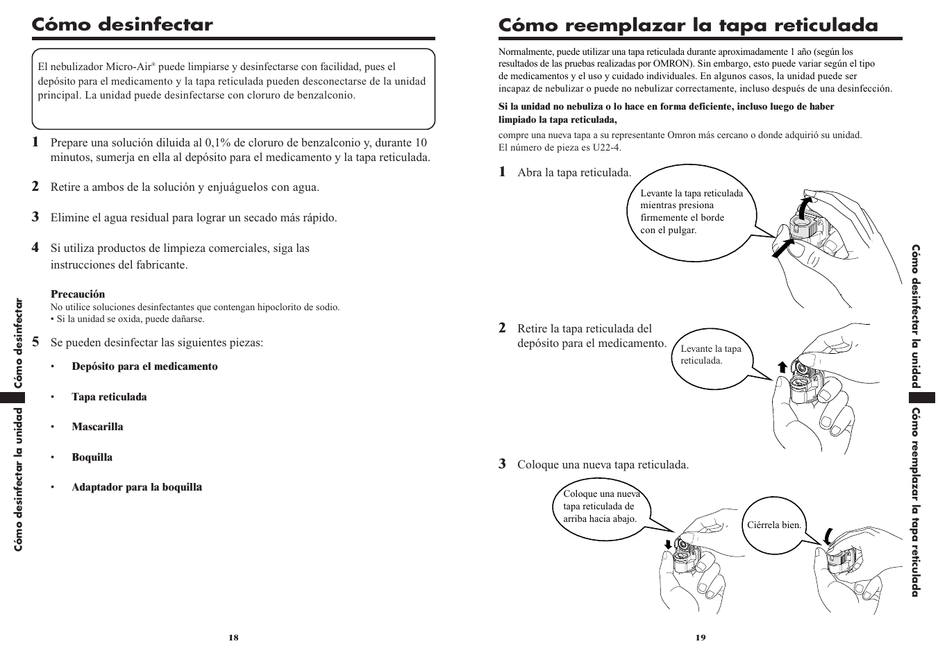 Cómo reemplazar la tapa reticulada, Cómo desinfectar | Omron VIBRATING MESH NEBULIZER NE-U22V User Manual | Page 34 / 37