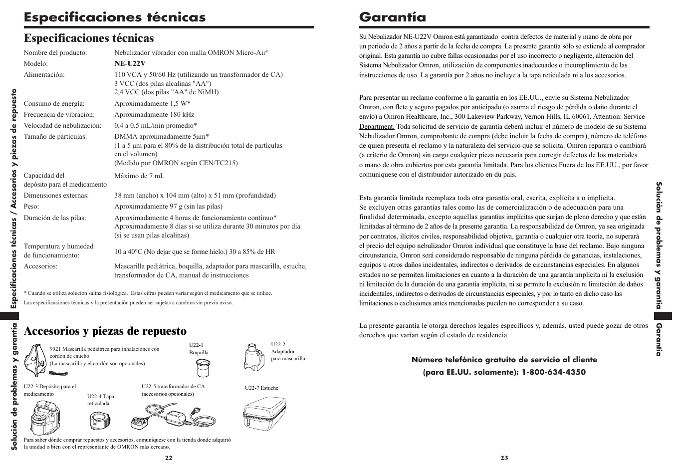 Garantía, Especificaciones técnicas | Omron VIBRATING MESH NEBULIZER NE-U22V User Manual | Page 36 / 37