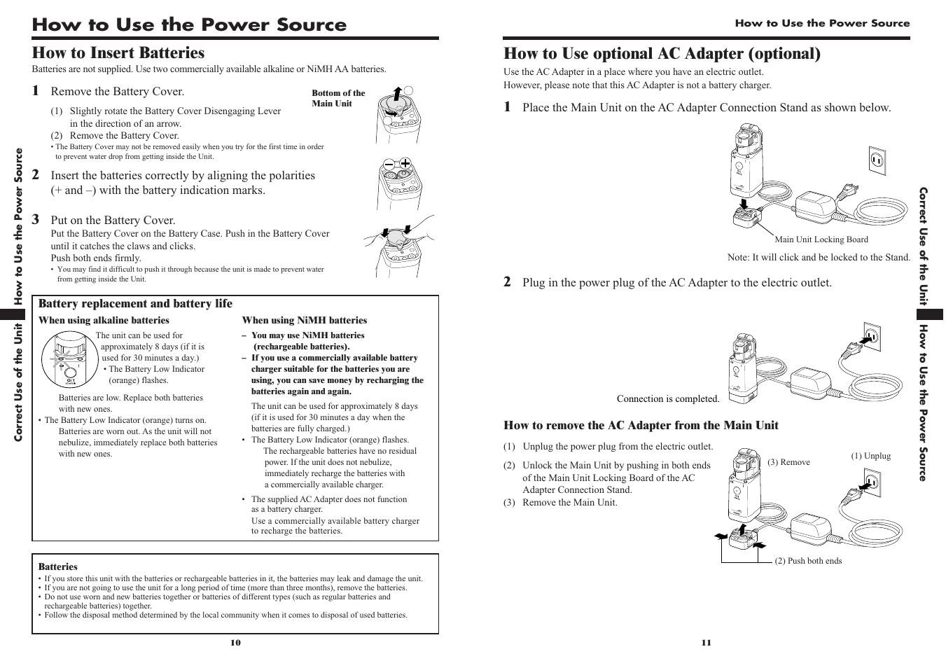 How to use the power source, How to use optional ac adapter (optional), How to insert batteries | Omron VIBRATING MESH NEBULIZER NE-U22V User Manual | Page 6 / 37