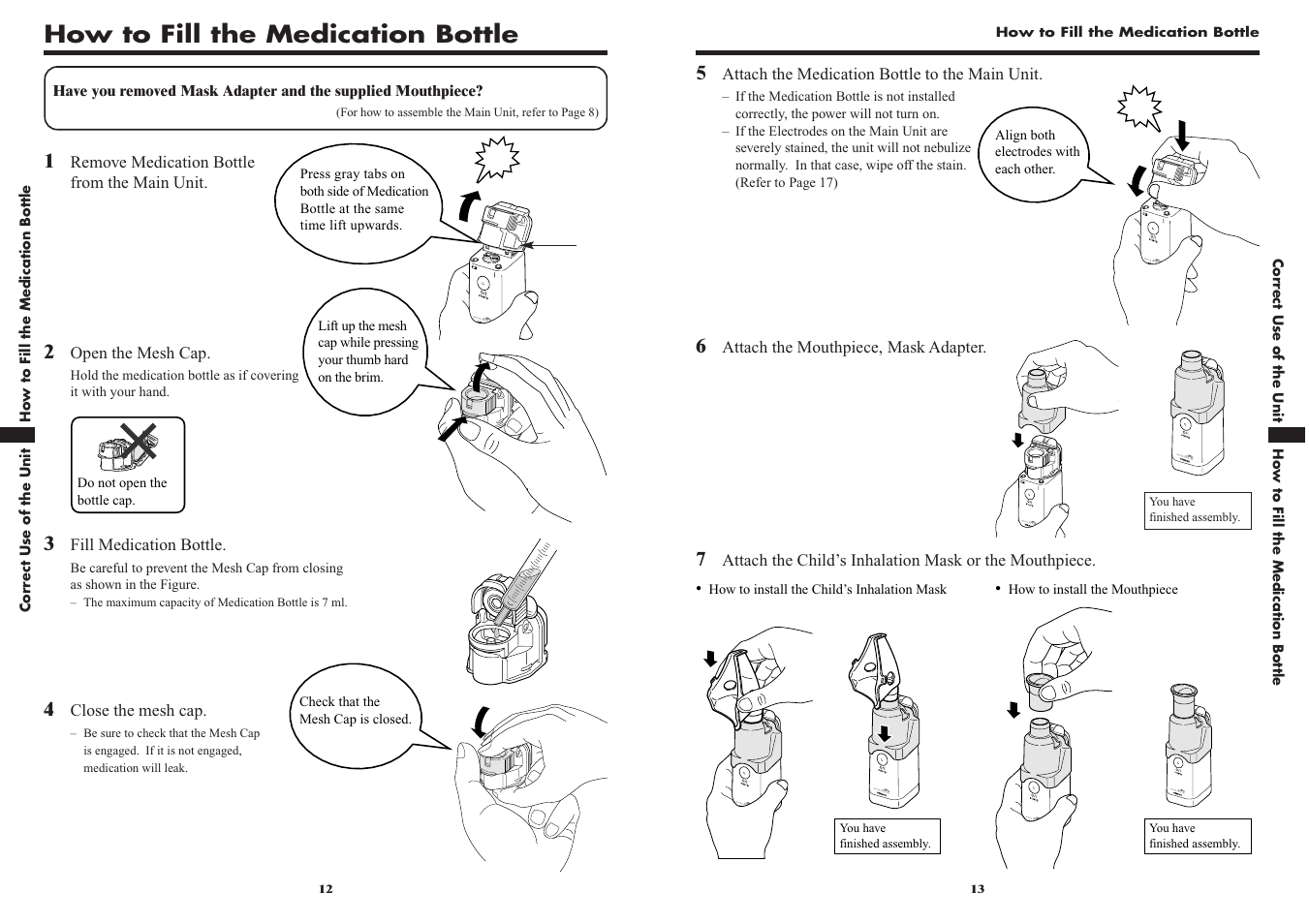 How to fill the medication bottle | Omron VIBRATING MESH NEBULIZER NE-U22V User Manual | Page 7 / 37