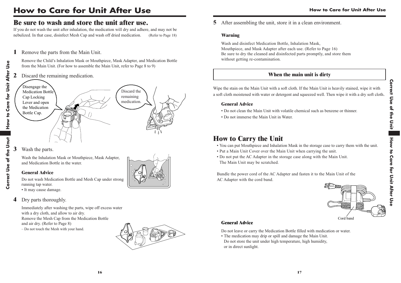 How to care for unit after use, Be sure to wash and store the unit after use, How to carry the unit | Omron VIBRATING MESH NEBULIZER NE-U22V User Manual | Page 9 / 37