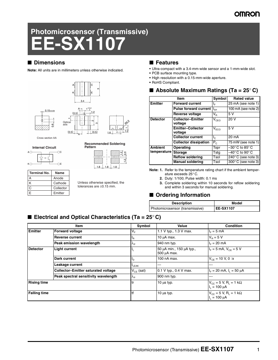 Omron Photomicrosensor (Transmissive) EE-SX1107 User Manual | 6 pages