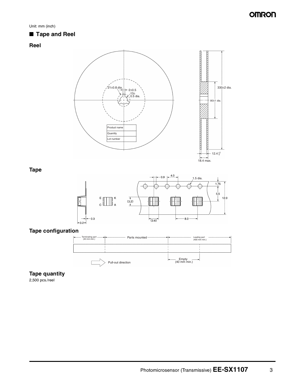 Ee-sx1107, Tape and reel, Reel tape tape configuration tape quantity | Photomicrosensor (transmissive) | Omron Photomicrosensor (Transmissive) EE-SX1107 User Manual | Page 3 / 6