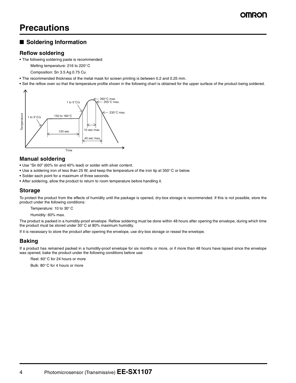 Precautions, Ee-sx1107, Soldering information | Reflow soldering, Manual soldering, Storage, Baking | Omron Photomicrosensor (Transmissive) EE-SX1107 User Manual | Page 4 / 6