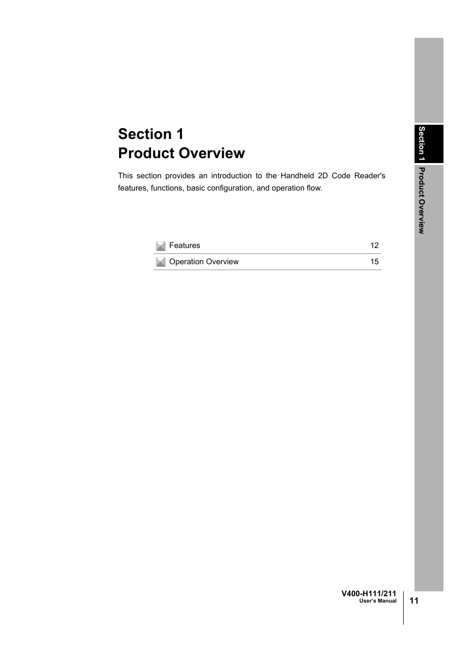 Product overview, Section 1 product overview | Omron V400-H111 User Manual | Page 12 / 93