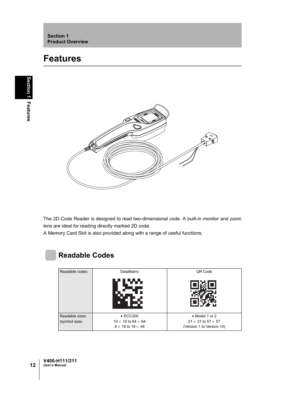 Features, Readable codes | Omron V400-H111 User Manual | Page 13 / 93