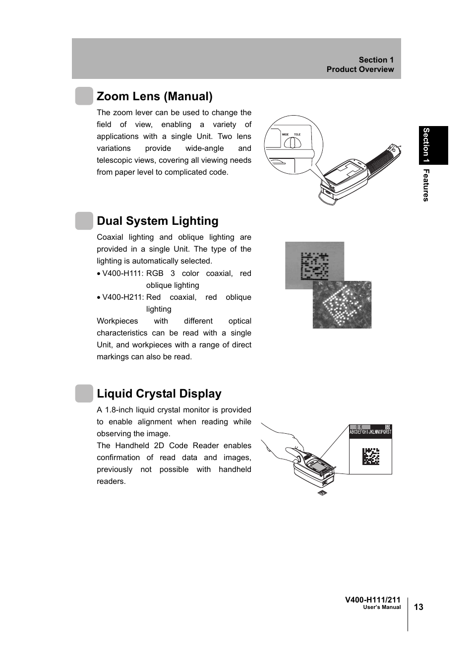 Zoom lens (manual), Dual system lighting, Liquid crystal display | Omron V400-H111 User Manual | Page 14 / 93