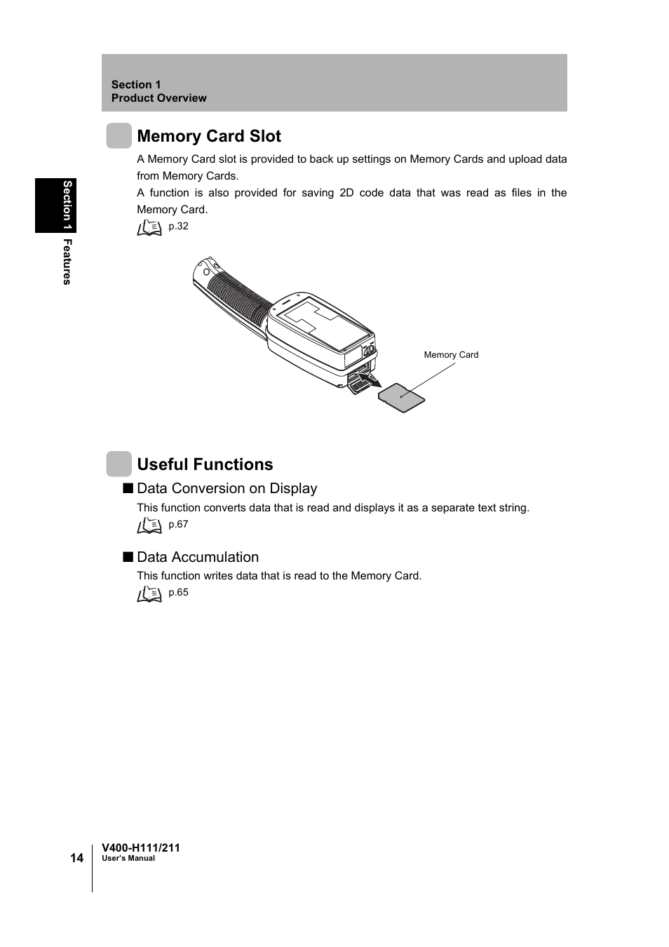 Useful functions, Data conversion on display, Data accumulation | Omron V400-H111 User Manual | Page 15 / 93
