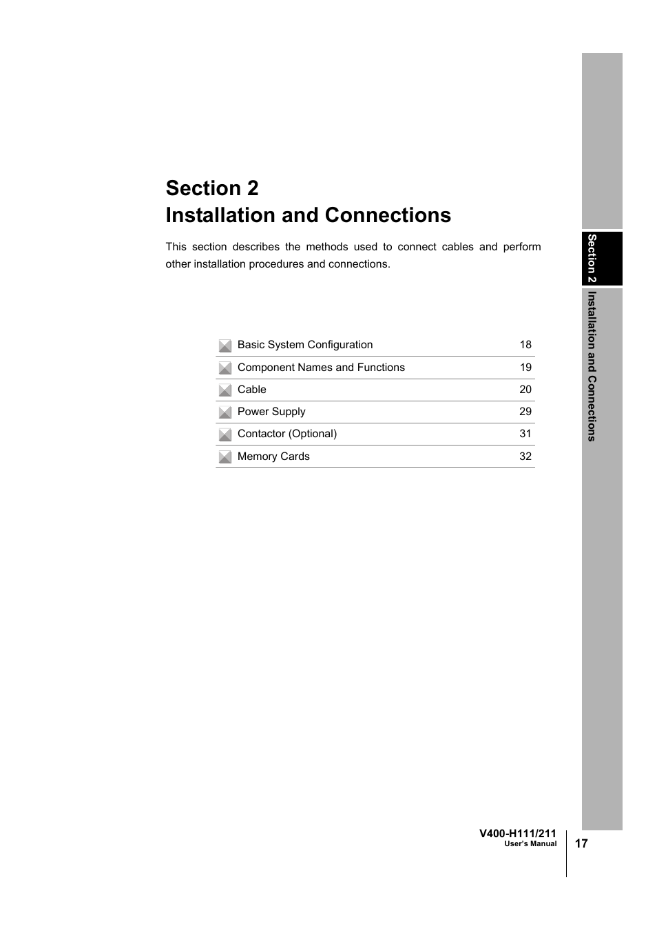 Installation and connections, Section 2 installation and connections | Omron V400-H111 User Manual | Page 18 / 93