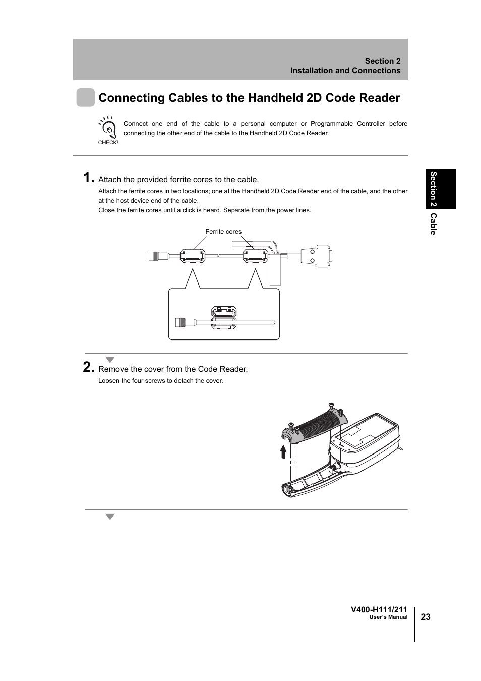 P.23, Connecting cables to the handheld 2d code reader | Omron V400-H111 User Manual | Page 24 / 93
