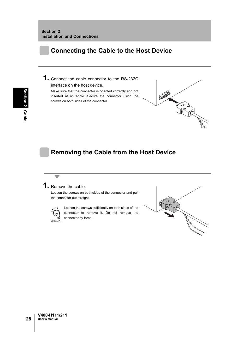 Connecting the cable to the host device, Removing the cable from the host device | Omron V400-H111 User Manual | Page 29 / 93