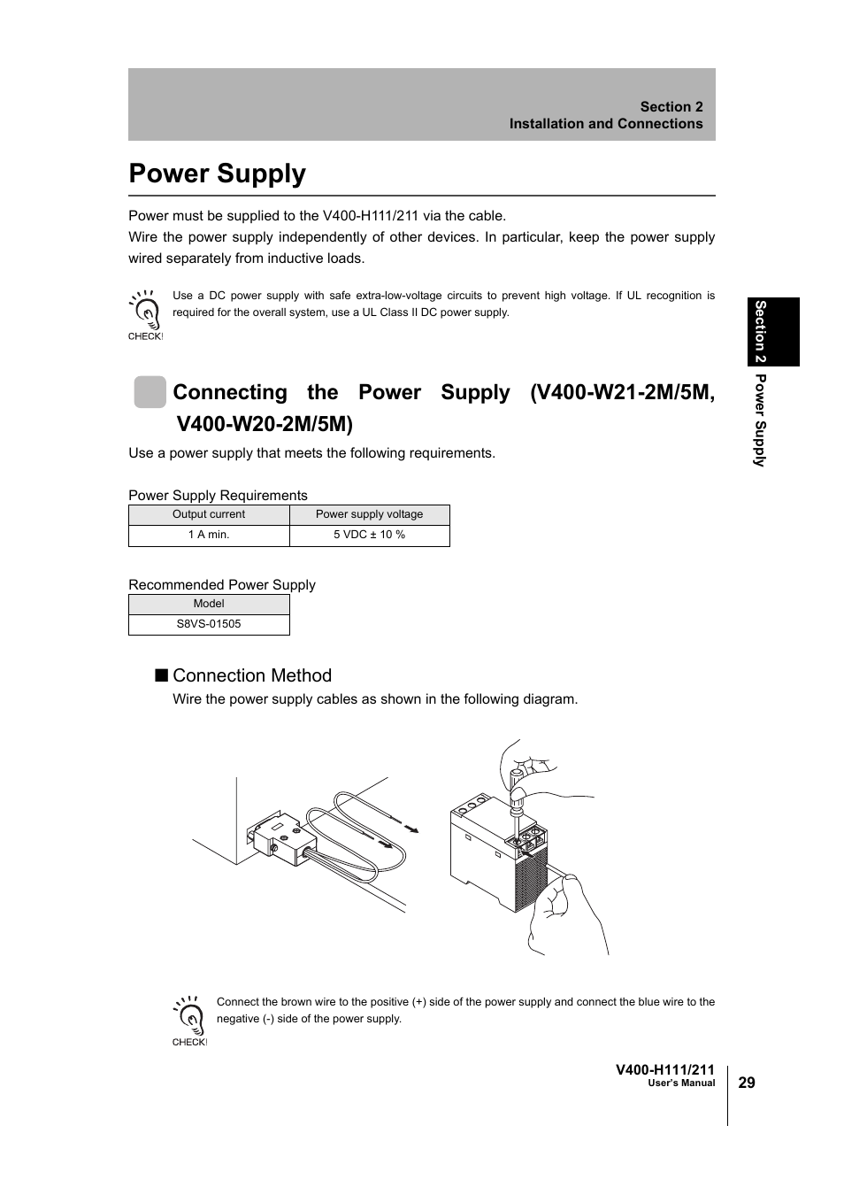 Power supply, Connection method | Omron V400-H111 User Manual | Page 30 / 93