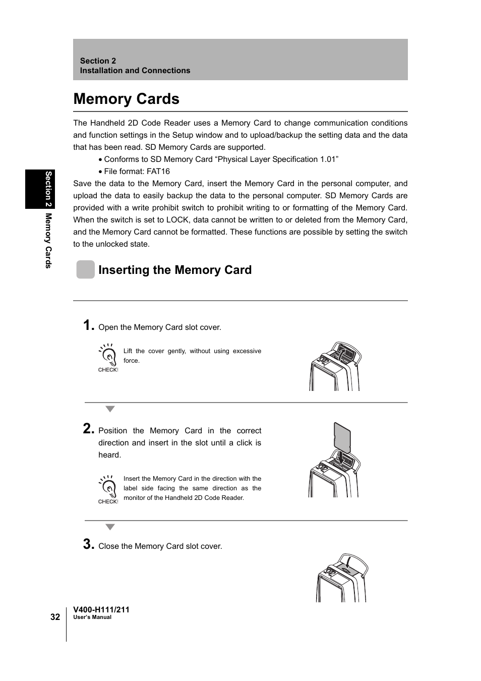 Memory cards | Omron V400-H111 User Manual | Page 33 / 93
