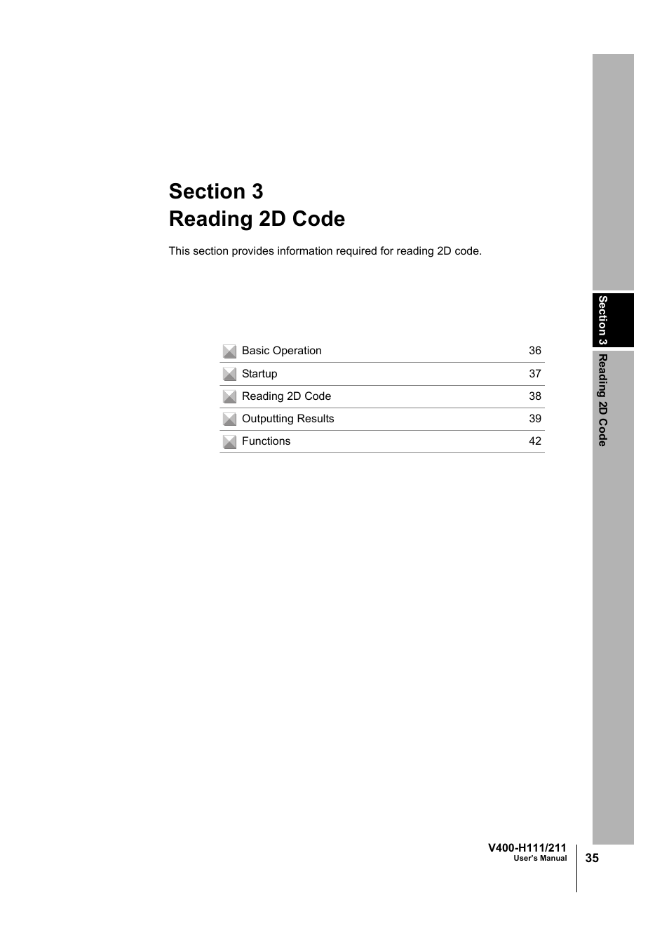 Reading 2d code, Section 3 reading 2d code | Omron V400-H111 User Manual | Page 36 / 93