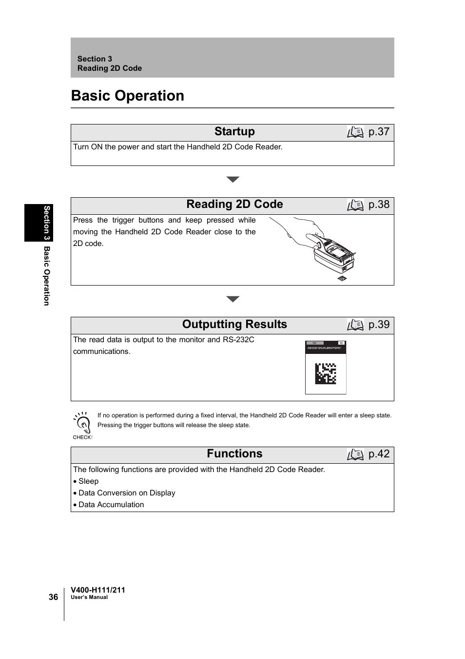 Basic operation, Startup, Reading 2d code | Outputting results, Functions, P.37, P.38, P.39, P.42 | Omron V400-H111 User Manual | Page 37 / 93