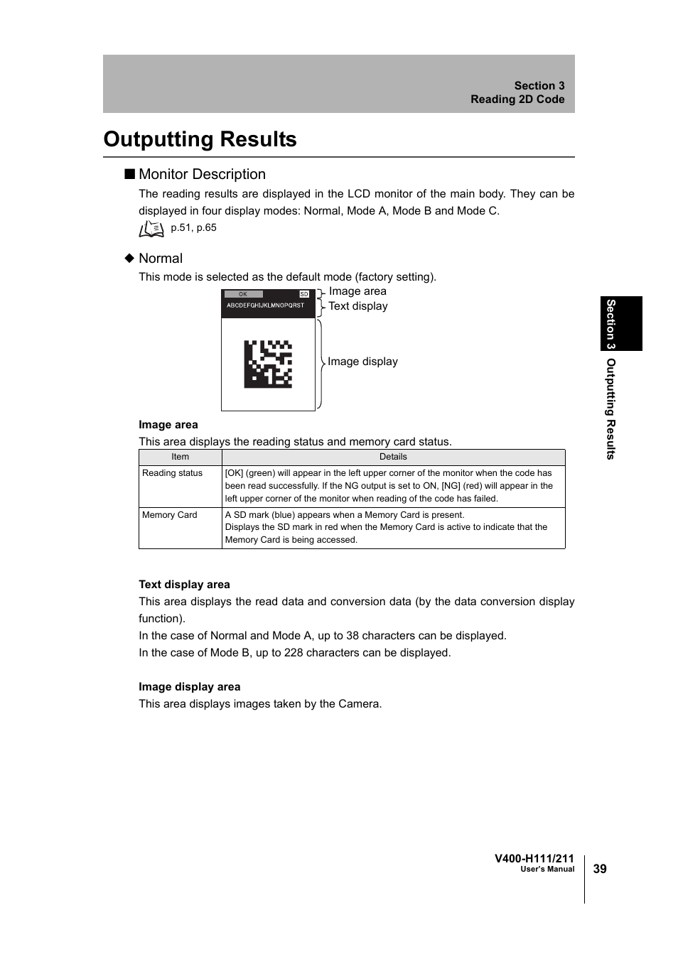 Outputting results, P.39, Monitor description | Normal | Omron V400-H111 User Manual | Page 40 / 93