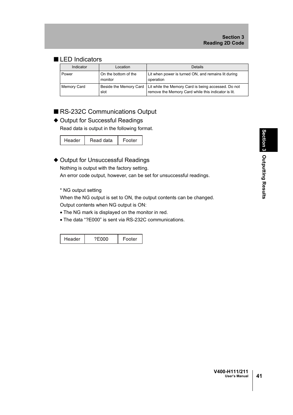 P.41, Led indicators ■ rs-232c communications output, Output for successful readings | Output for unsuccessful readings | Omron V400-H111 User Manual | Page 42 / 93