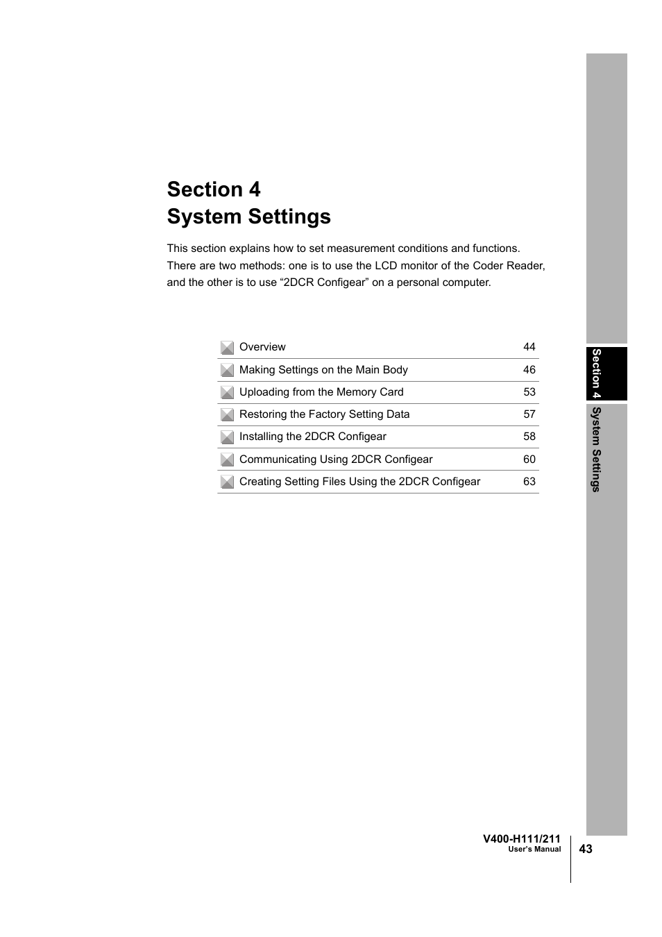 System settings, Section 4 system settings | Omron V400-H111 User Manual | Page 44 / 93