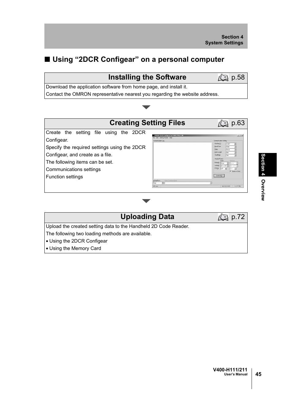 Creating setting files, Uploading data, P.58 | P.63, P.72 | Omron V400-H111 User Manual | Page 46 / 93