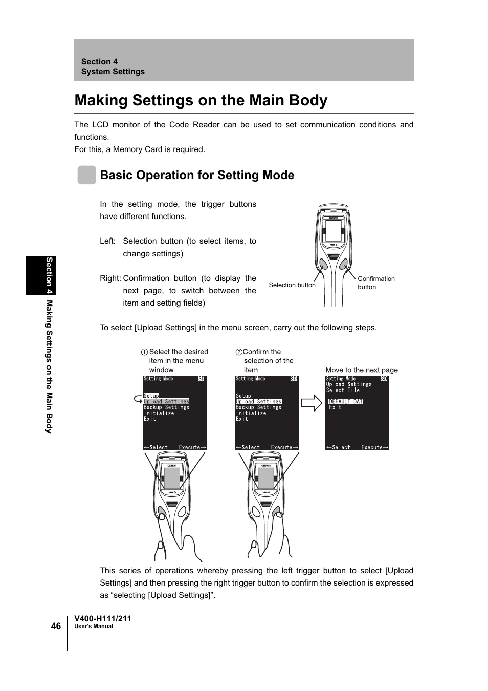 Making settings on the main body, Basic operation for setting mode | Omron V400-H111 User Manual | Page 47 / 93