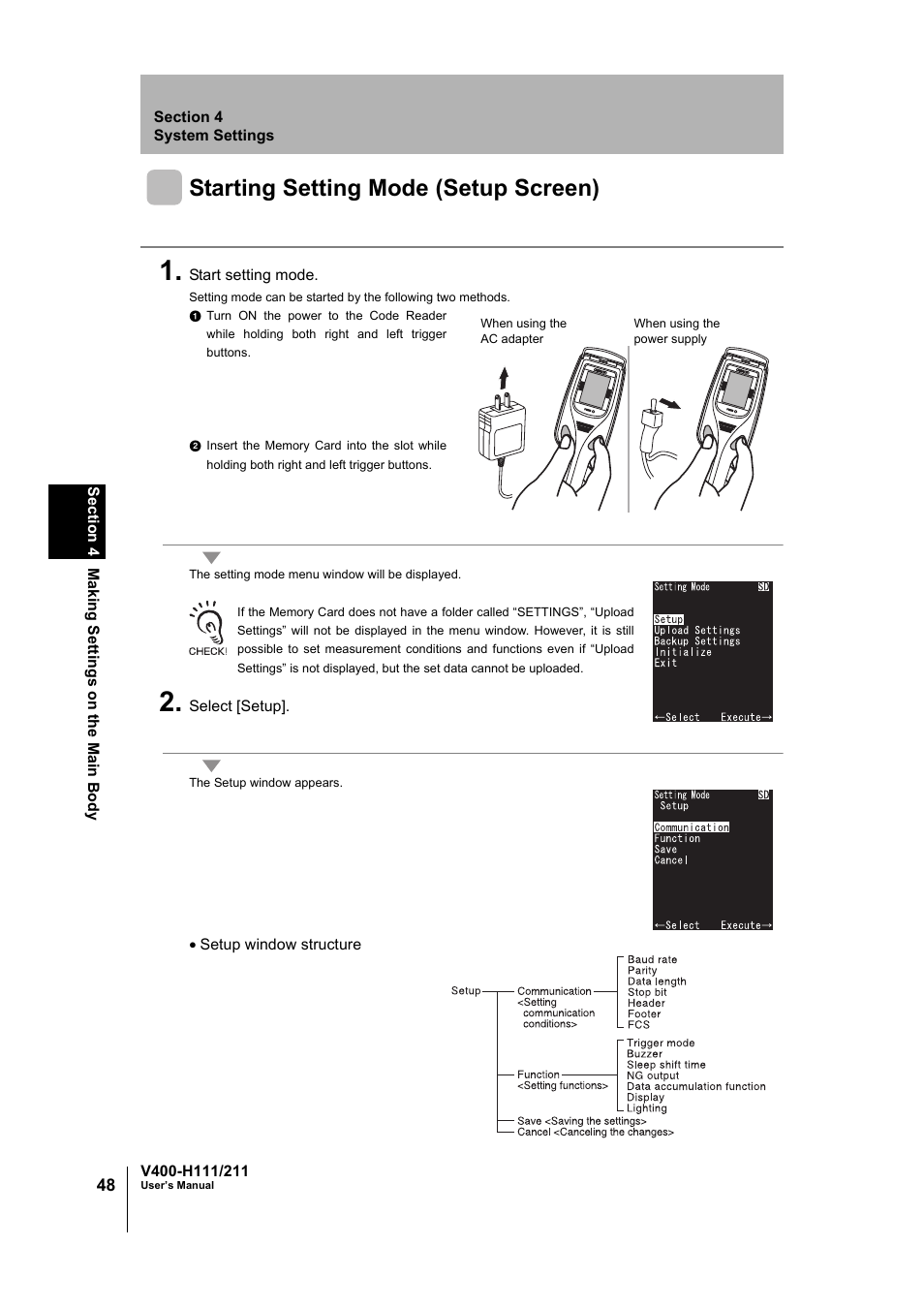 Starting setting mode (setup screen) | Omron V400-H111 User Manual | Page 49 / 93