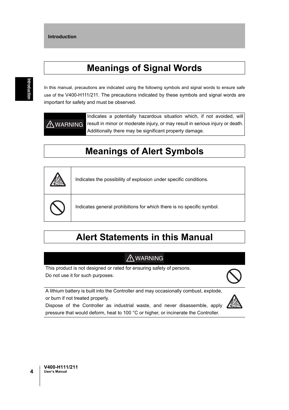 Meanings of signal words, Meanings of alert symbols, Alert statements in this manual | Omron V400-H111 User Manual | Page 5 / 93