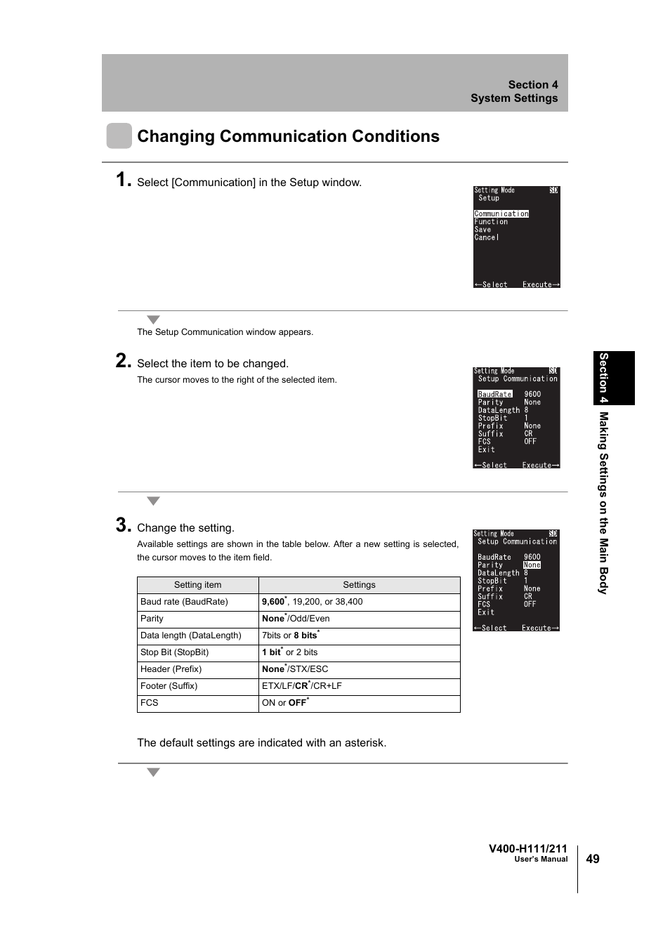 Changing communication conditions | Omron V400-H111 User Manual | Page 50 / 93