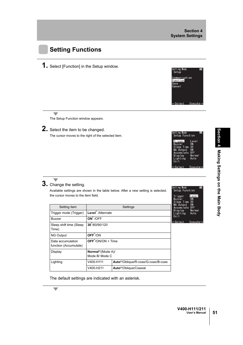 Setting functions | Omron V400-H111 User Manual | Page 52 / 93