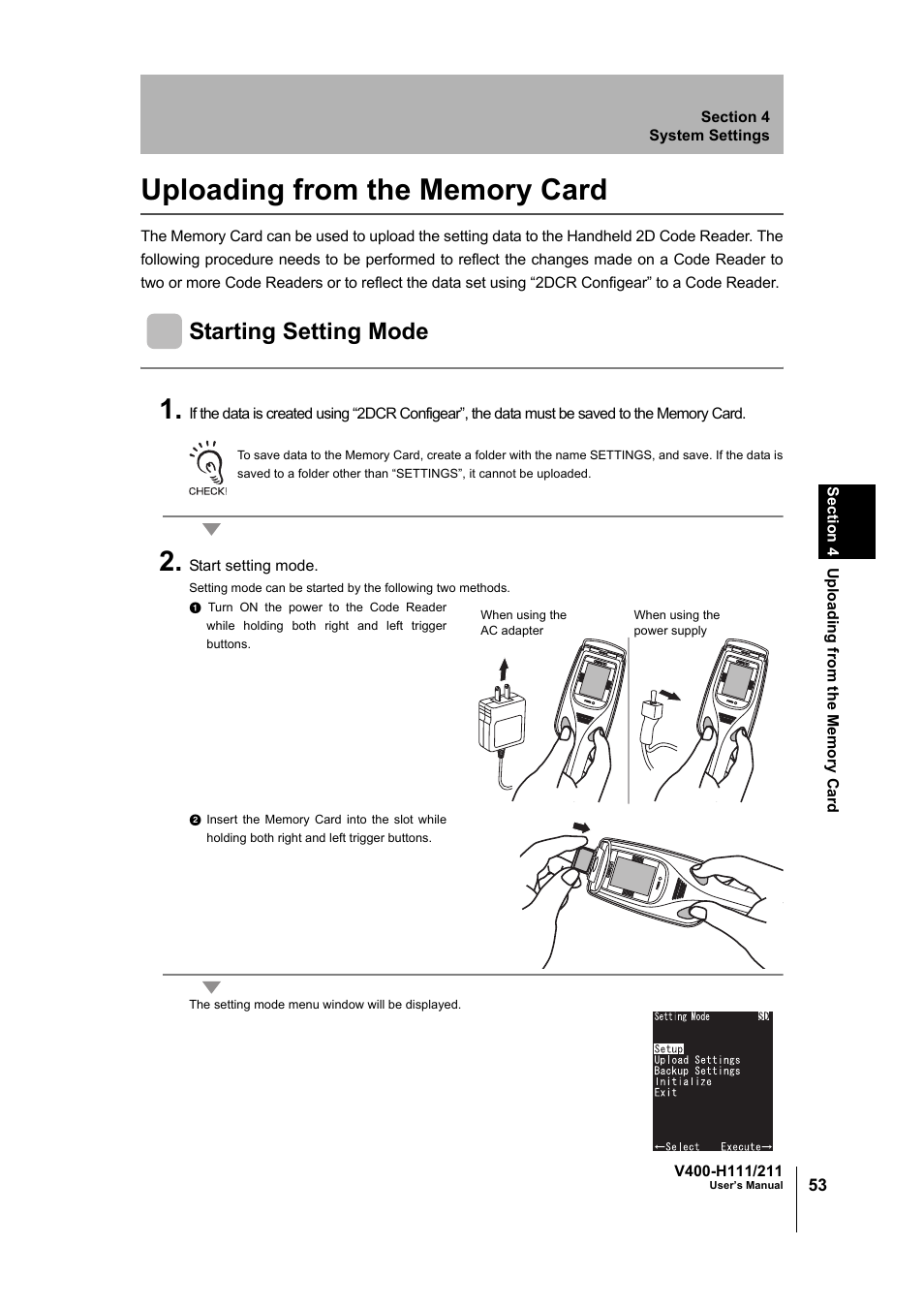 Uploading from the memory card, Starting setting mode | Omron V400-H111 User Manual | Page 54 / 93