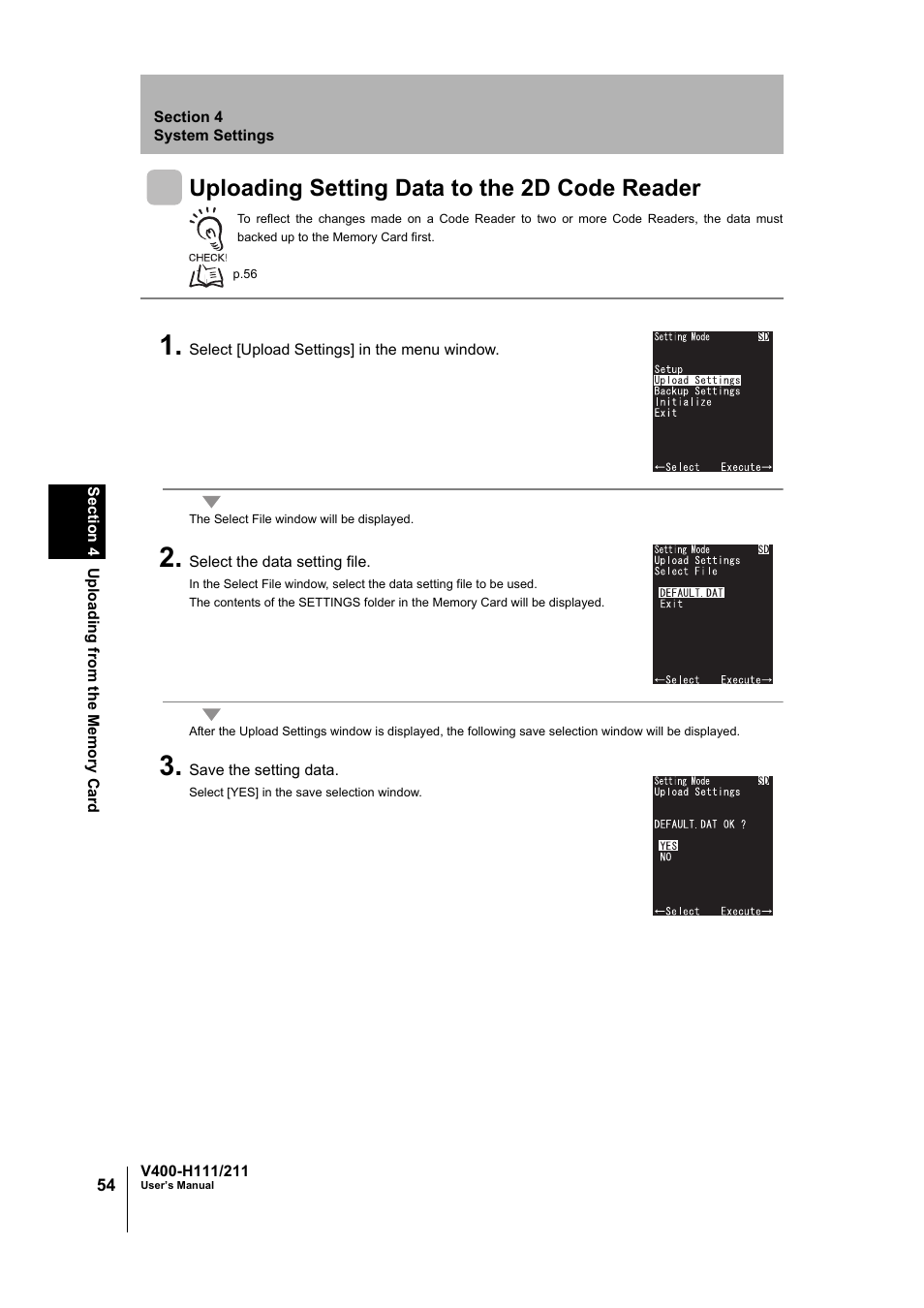 Uploading setting data to the 2d code reader | Omron V400-H111 User Manual | Page 55 / 93