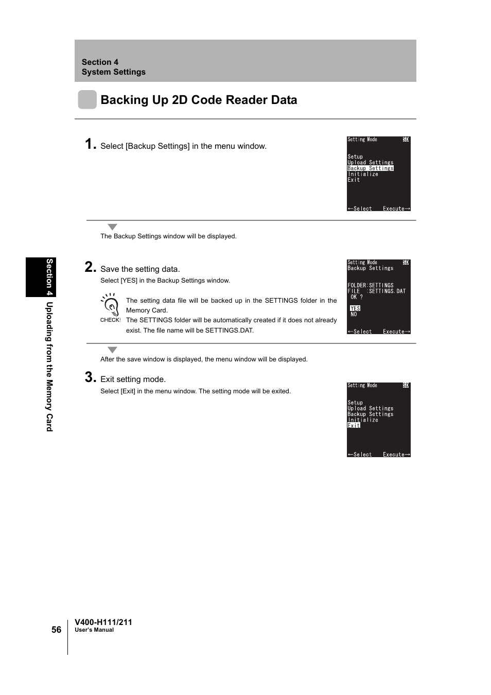 Backing up 2d code reader data | Omron V400-H111 User Manual | Page 57 / 93
