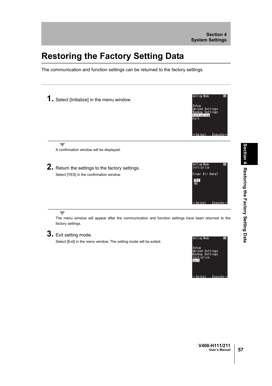 Restoring the factory setting data | Omron V400-H111 User Manual | Page 58 / 93