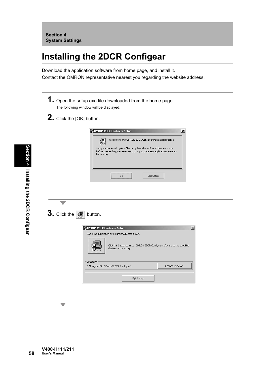 Installing the 2dcr configear | Omron V400-H111 User Manual | Page 59 / 93