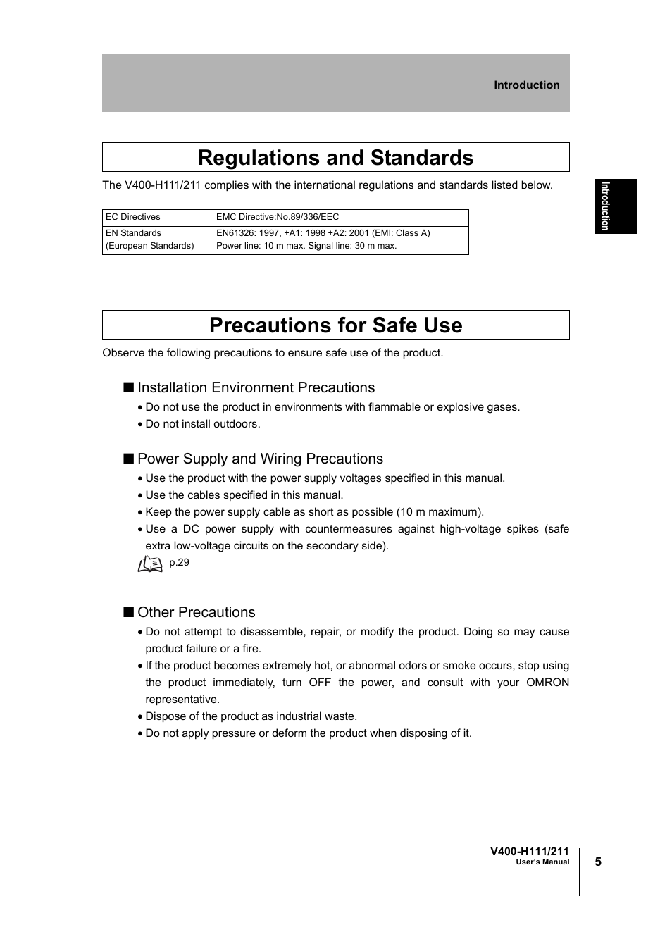 Regulations and standards, Precautions for safe use, Installation environment precautions | Power supply and wiring precautions, Other precautions | Omron V400-H111 User Manual | Page 6 / 93