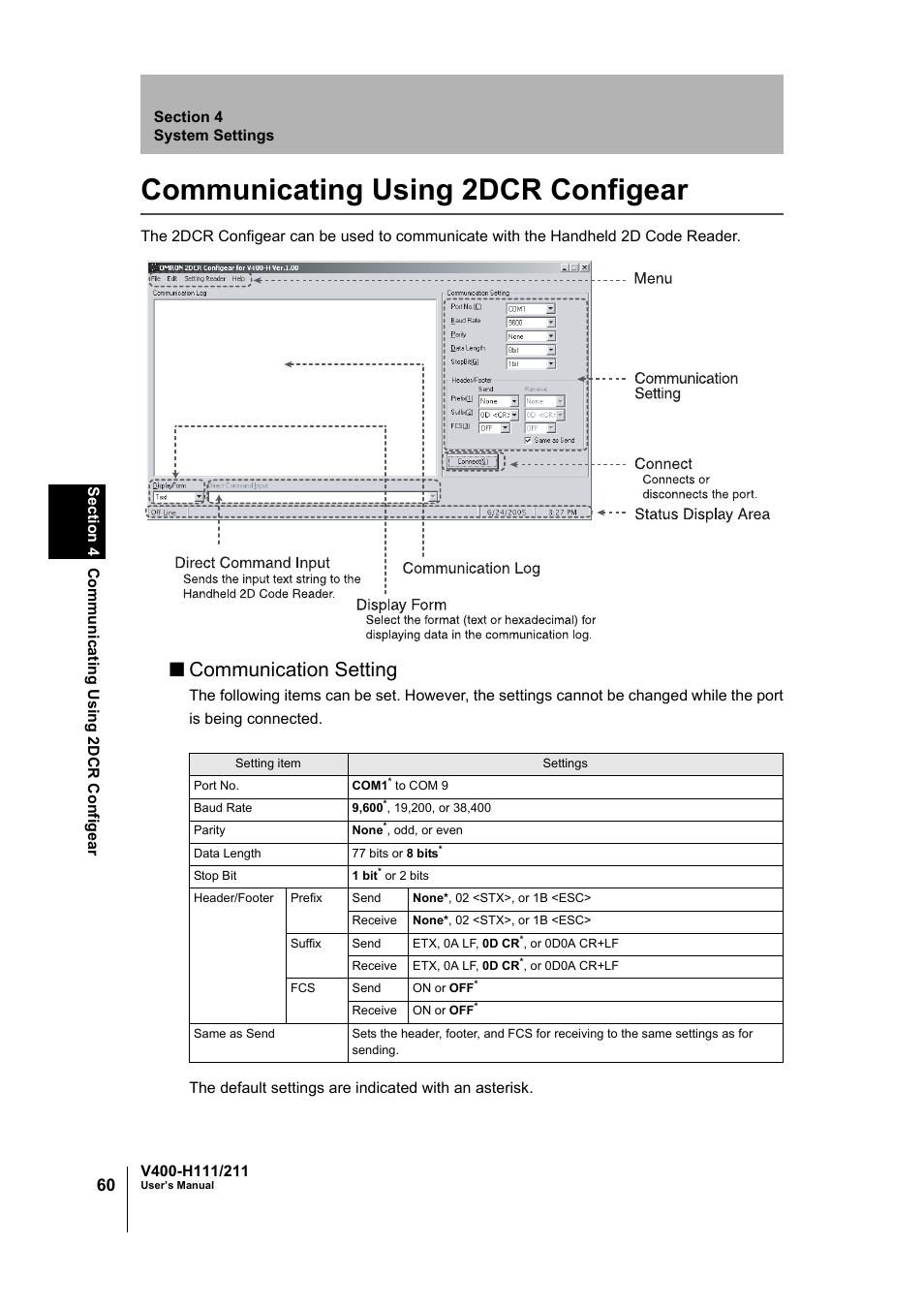 Communicating using 2dcr configear, Communication setting | Omron V400-H111 User Manual | Page 61 / 93