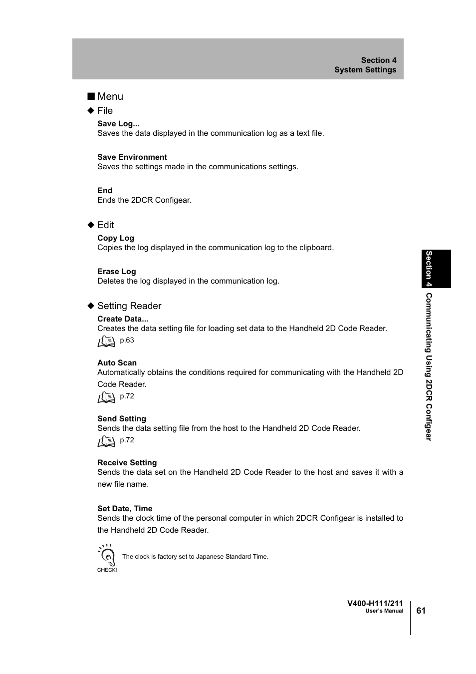 Menu, File, Edit | Setting reader | Omron V400-H111 User Manual | Page 62 / 93