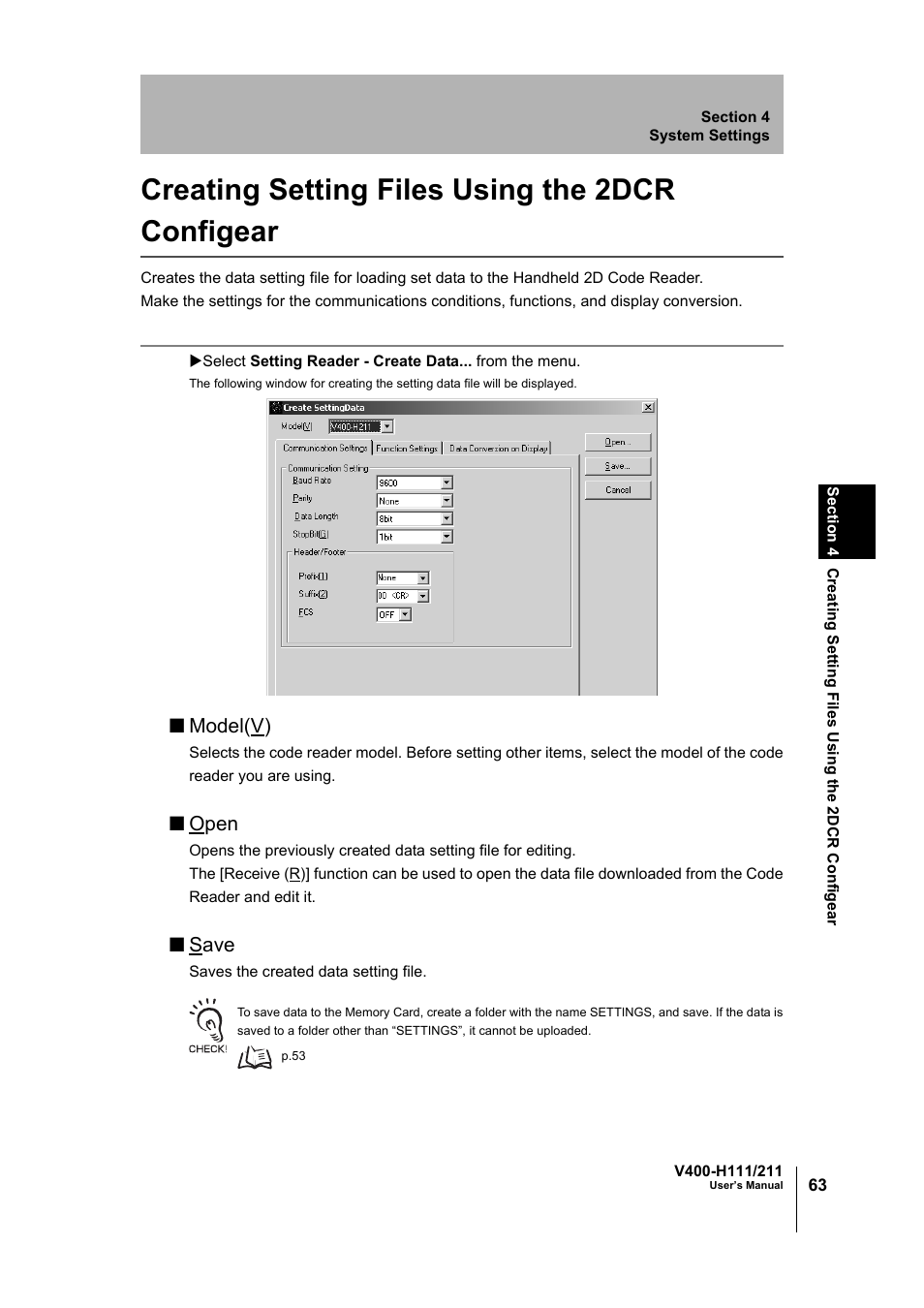 Creating setting files using the 2dcr configear, Creating setting files using the 2dcr, Configear | Model(v), Open, Save | Omron V400-H111 User Manual | Page 64 / 93