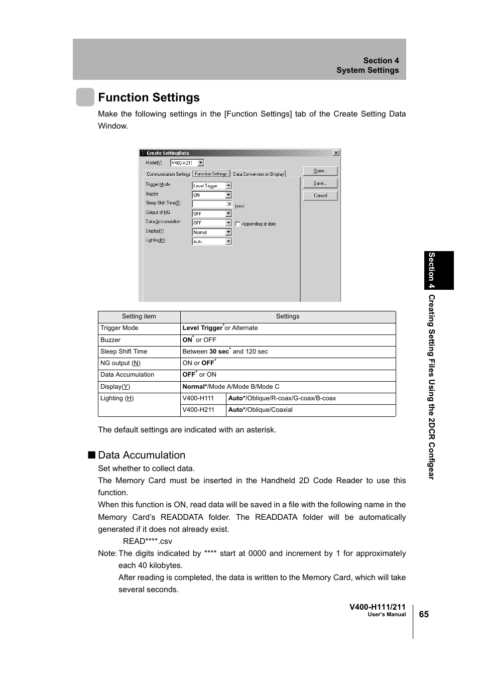 Function settings, Data accumulation | Omron V400-H111 User Manual | Page 66 / 93