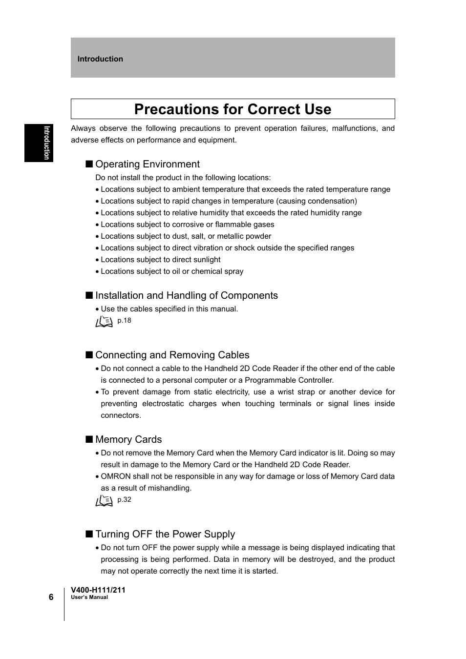 Precautions for correct use, Operating environment, Installation and handling of components | Connecting and removing cables, Turning off the power supply | Omron V400-H111 User Manual | Page 7 / 93