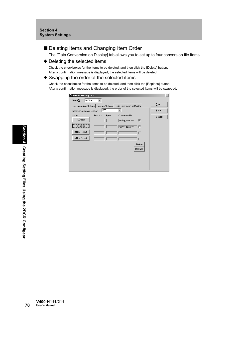 Deleting items and changing item order, Deleting the selected items, Swapping the order of the selected items | Omron V400-H111 User Manual | Page 71 / 93