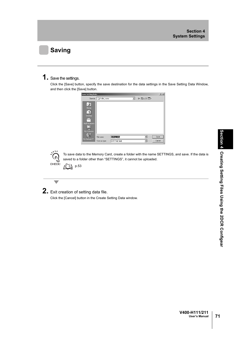 Saving | Omron V400-H111 User Manual | Page 72 / 93