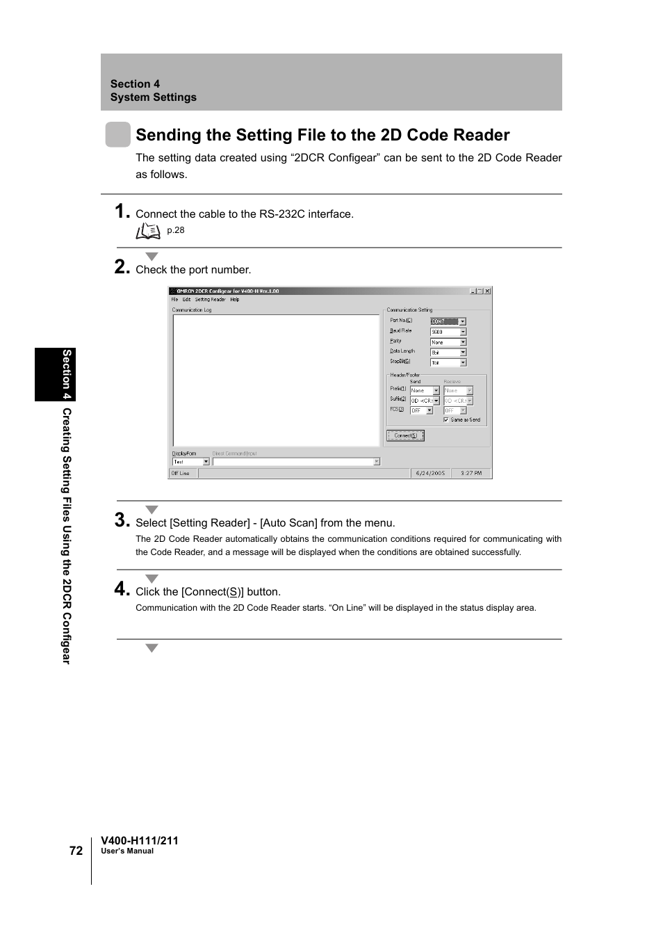 Sending the setting file to the 2d code reader | Omron V400-H111 User Manual | Page 73 / 93