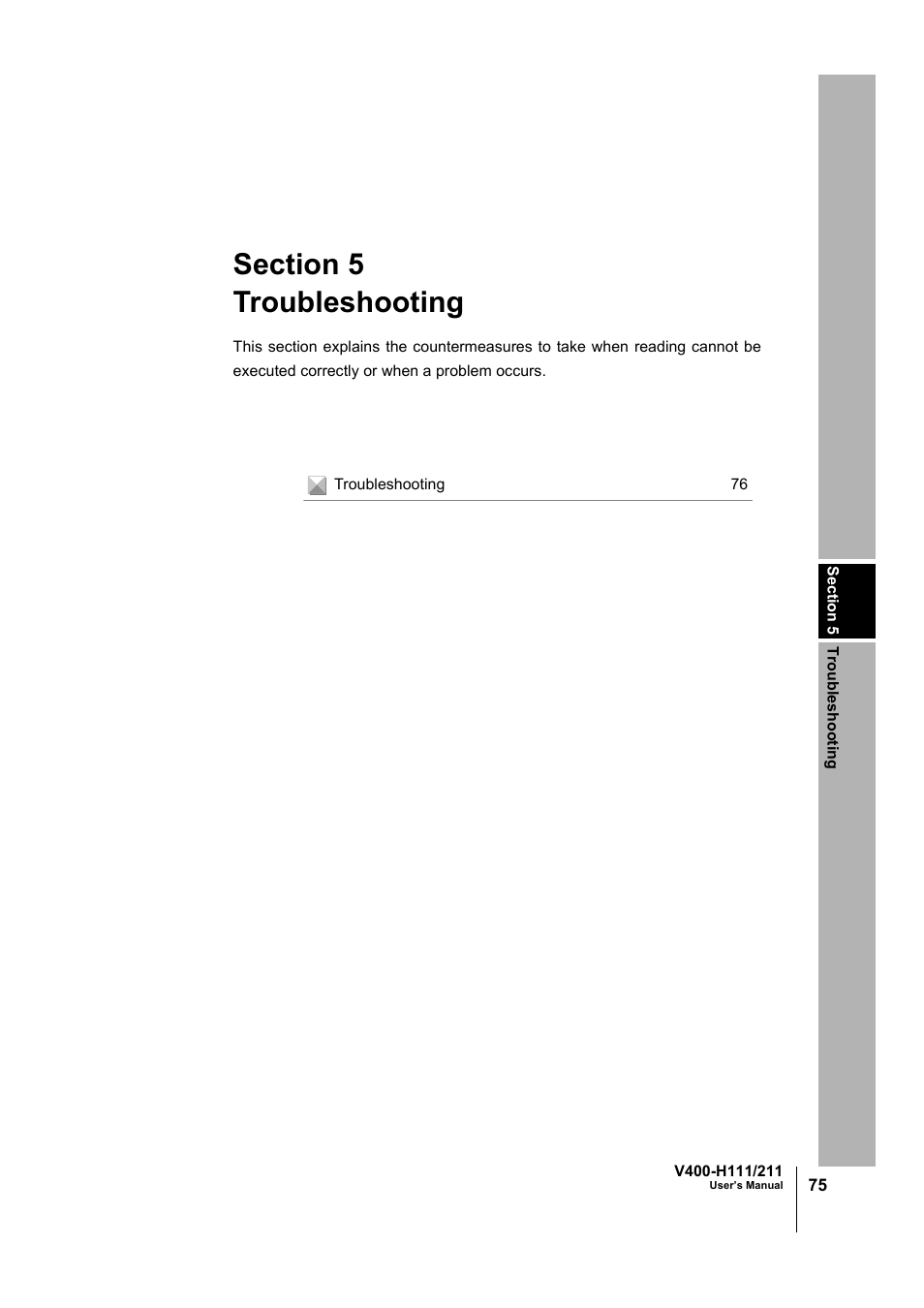 Troubleshooting, Section 5 troubleshooting | Omron V400-H111 User Manual | Page 76 / 93