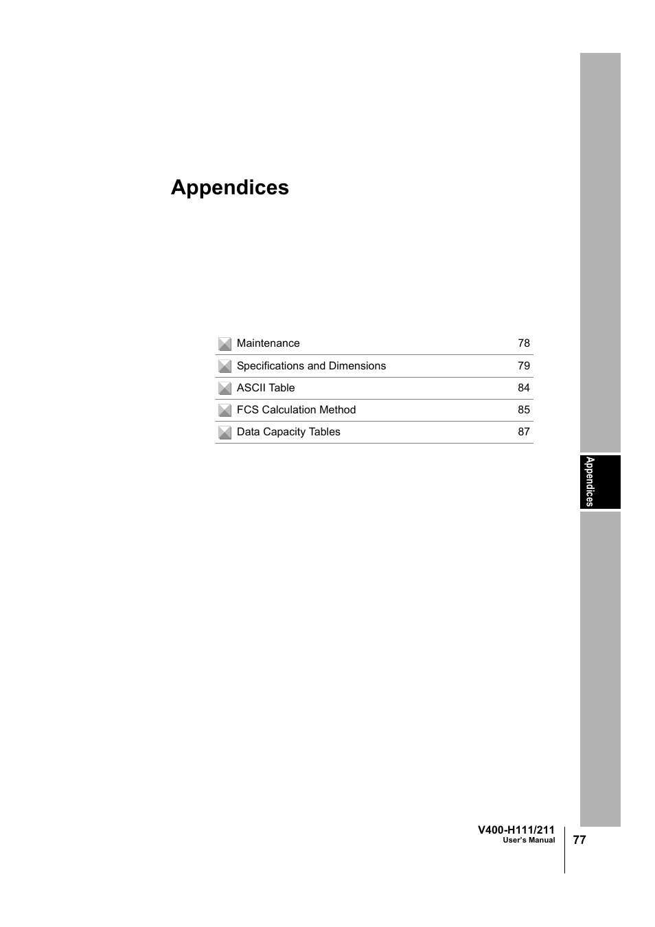 Appendices | Omron V400-H111 User Manual | Page 78 / 93