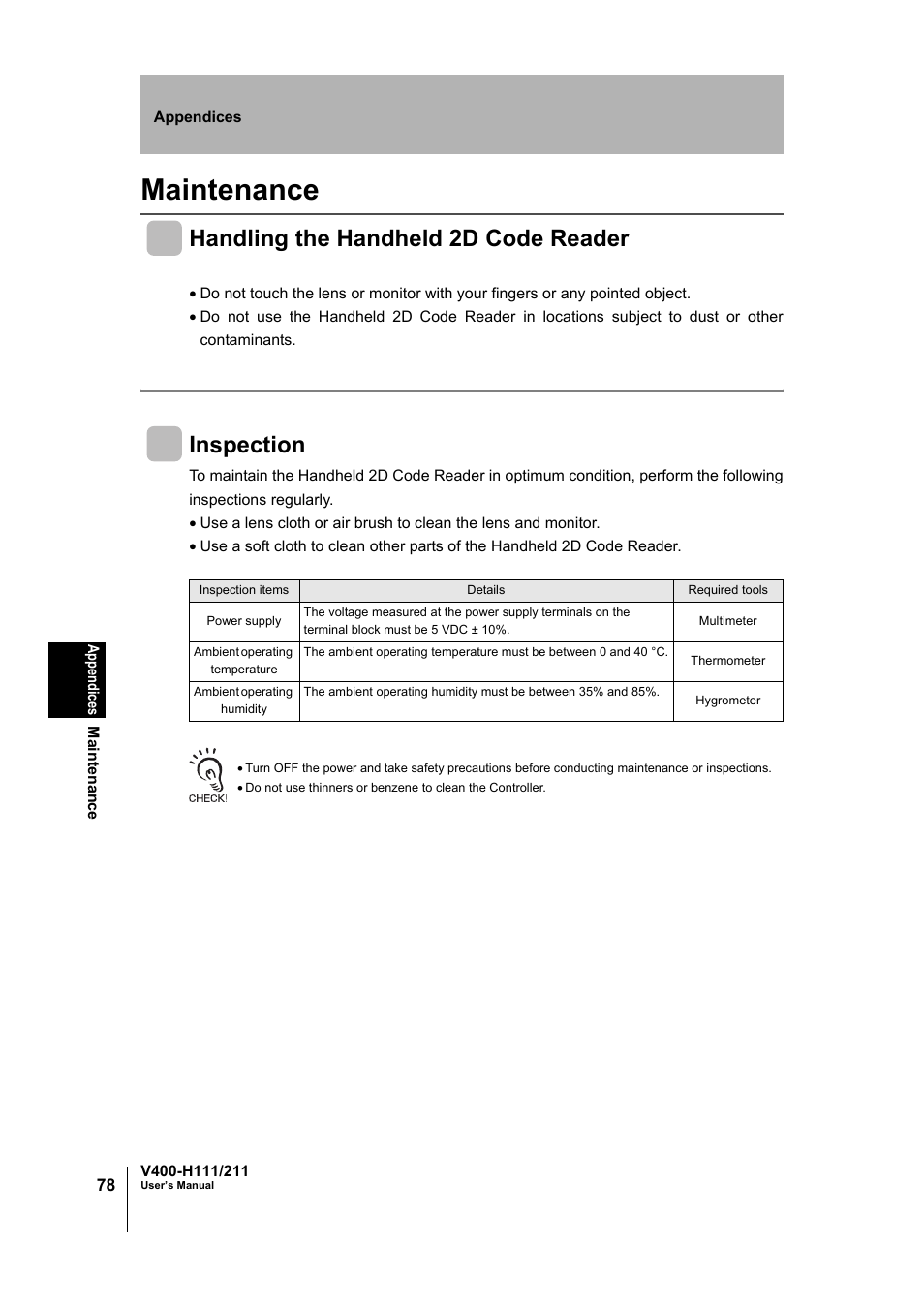 Maintenance, Maintenance 78, Handling the handheld 2d code reader | Inspection | Omron V400-H111 User Manual | Page 79 / 93