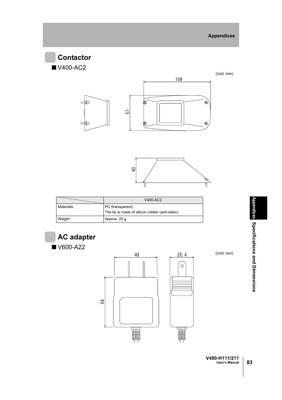 Contactor, Ac adapter, V400-ac2 | Omron V400-H111 User Manual | Page 84 / 93