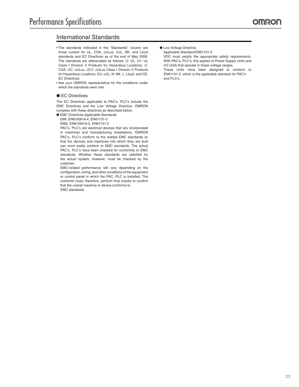 Performance specifications, International standards | Omron CPU Unit CJ2 User Manual | Page 23 / 40