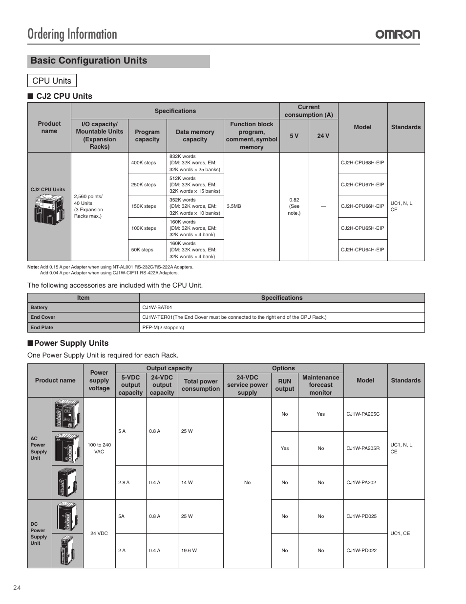Ordering information, Basic configuration units, Cpu units | Cj2 cpu units, Power supply units | Omron CPU Unit CJ2 User Manual | Page 24 / 40